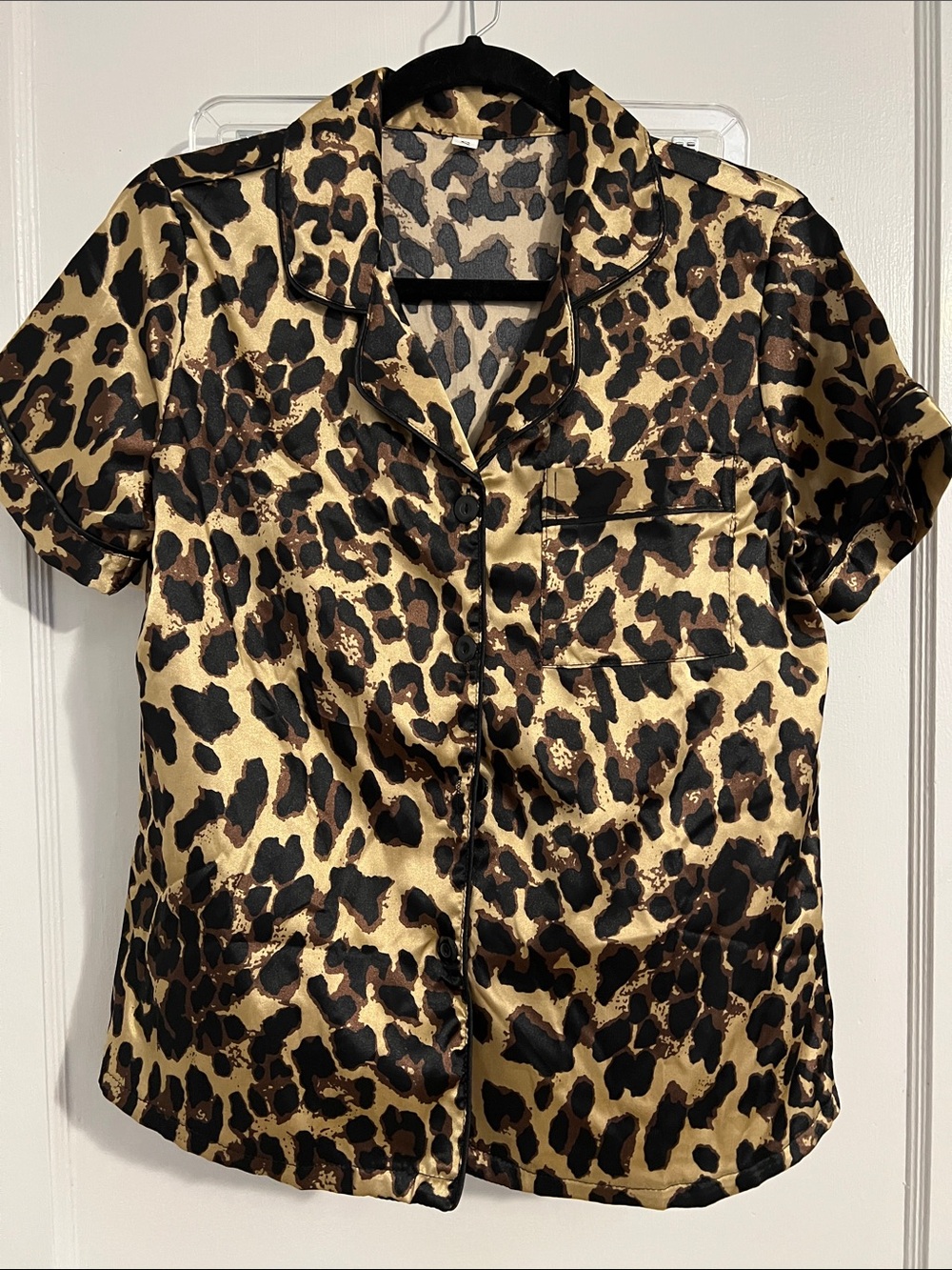 2-Piece Leopard Satin Button-Down Shirt & Shorts Sleep Set